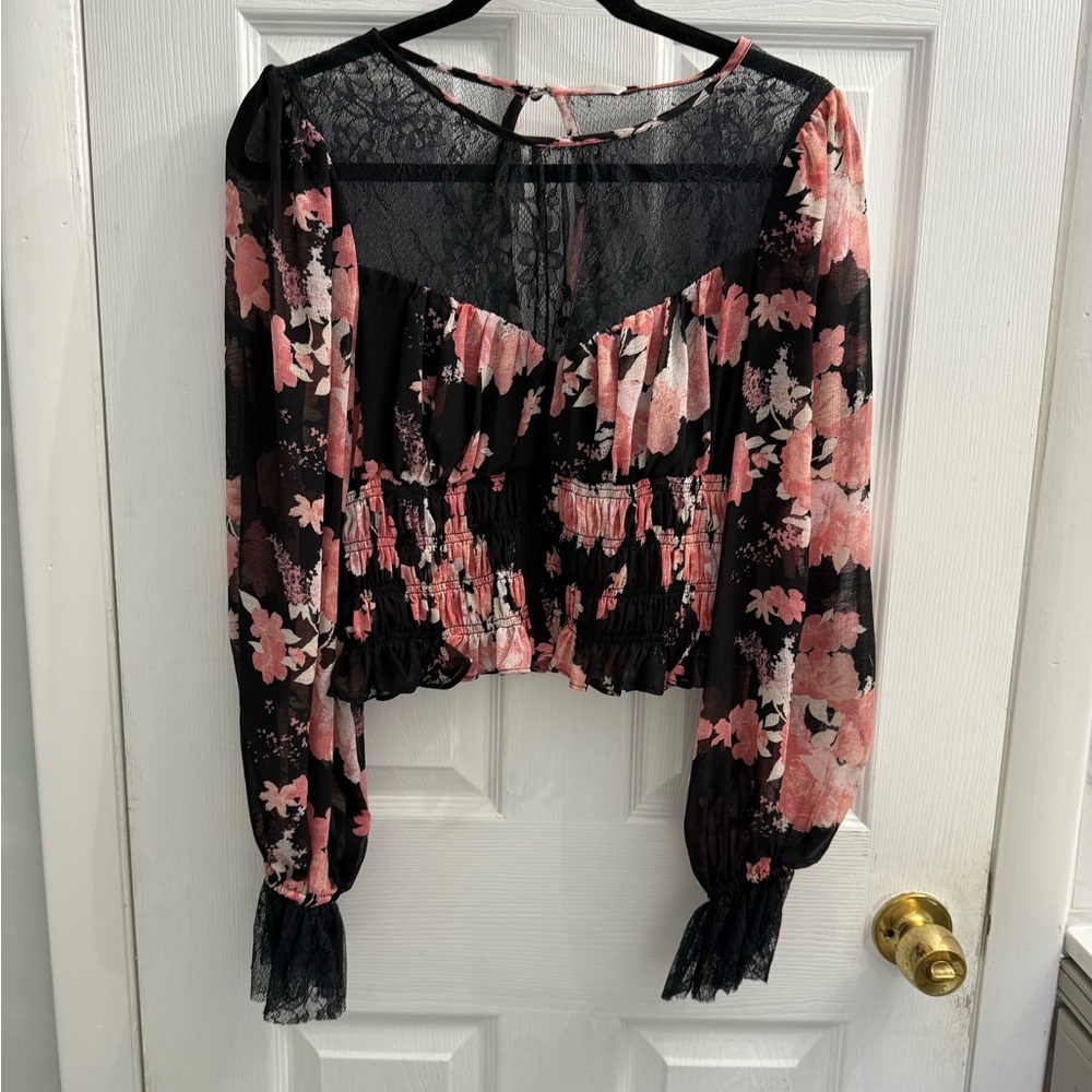 Free People Black and Pink Floral Lace Blouse